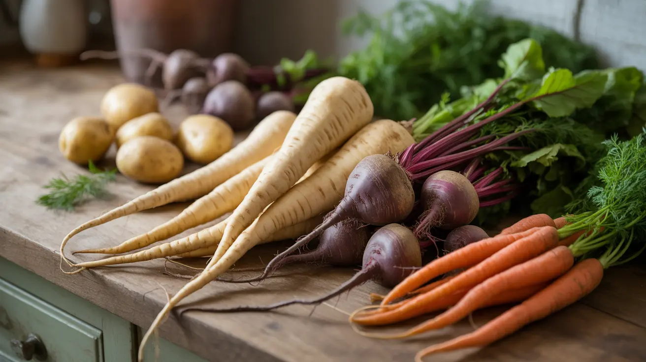 Close-up of parsnips among colorful root vegetables on a wooden kitchen counter in soft natural daylight