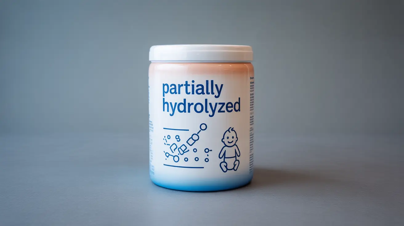 Detailed illustration of a formula container labeled 'Partially Hydrolyzed', showing protein breakdown process, set against a neutral backdrop