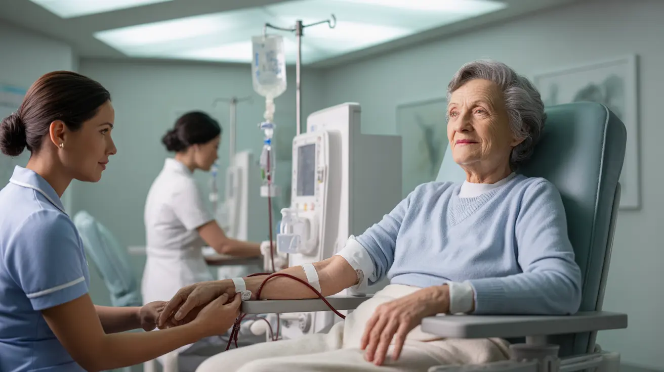 Patient sitting in a dialysis chair undergoing treatment in a bright clinical setting, with nurses attending in a calm atmosphere.