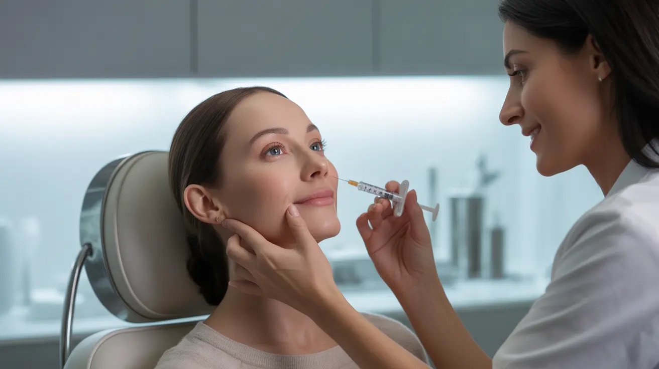Patient receiving Dysport injections from a qualified professional in a bright cosmetic treatment room with medical equipment in the background.