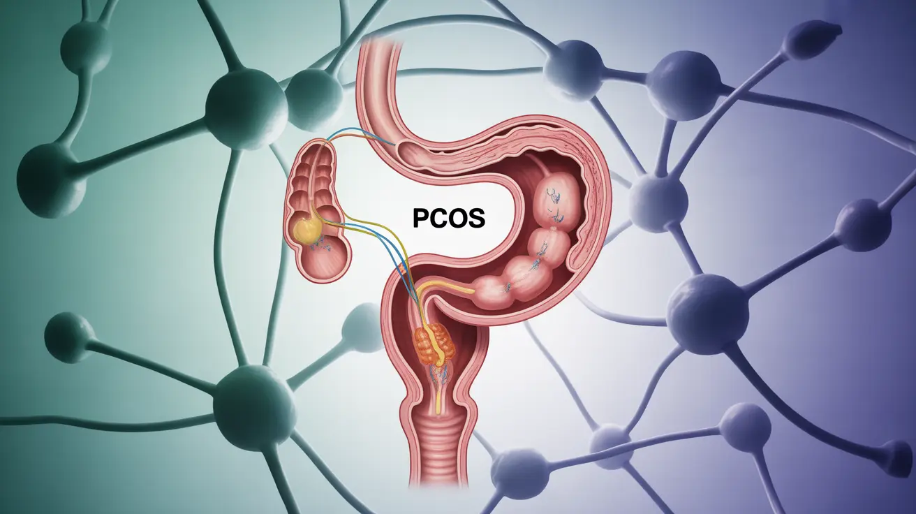 Illustration showing female digestive and reproductive systems with hormonal pathways, highlighting PCOS effects on digestion, set against an abstract medical-themed background