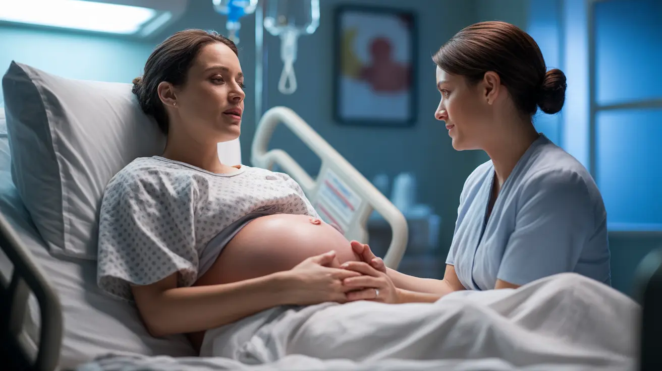 Pregnant woman in labor with peanut ball for pelvic support, nurse assisting in hospital maternity ward
