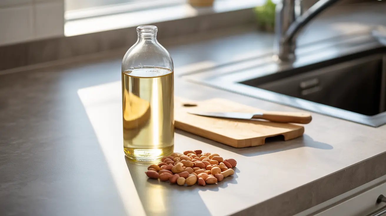 Glass bottle of peanut oil next to fresh peanuts on a kitchen counter, highlighting its golden color in natural daylight.