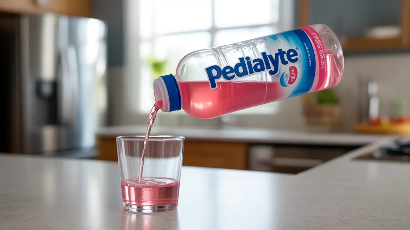 Open Pedialyte bottle being poured into glass, kitchen counter, early morning light