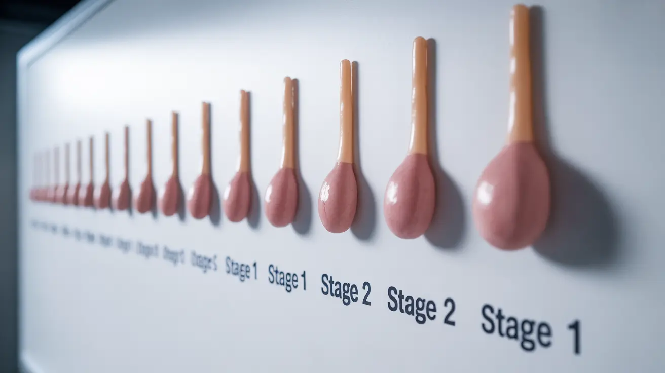 Illustration showing stages of penis development during puberty with labeled diagrams, educational setting on white background