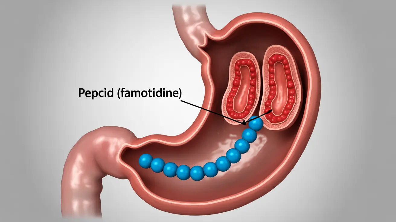 Detailed illustration, human stomach diagram showing how Pepcid (famotidine) blocks histamine H2 receptors, reducing acid production, bright clinical lighting, labeled annotations, informative educational style on a clean white background.