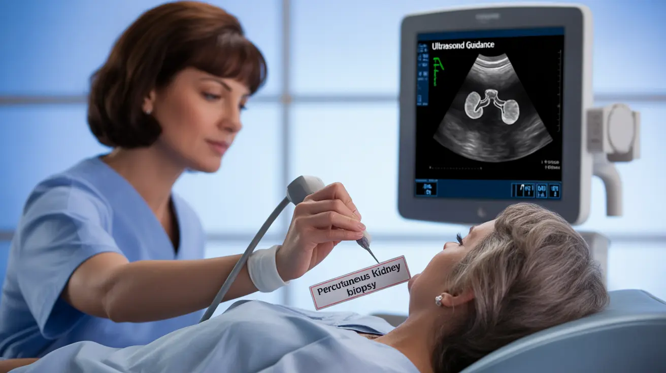 Illustration of a medical professional performing a percutaneous kidney biopsy with ultrasound guidance in a clinical setting
