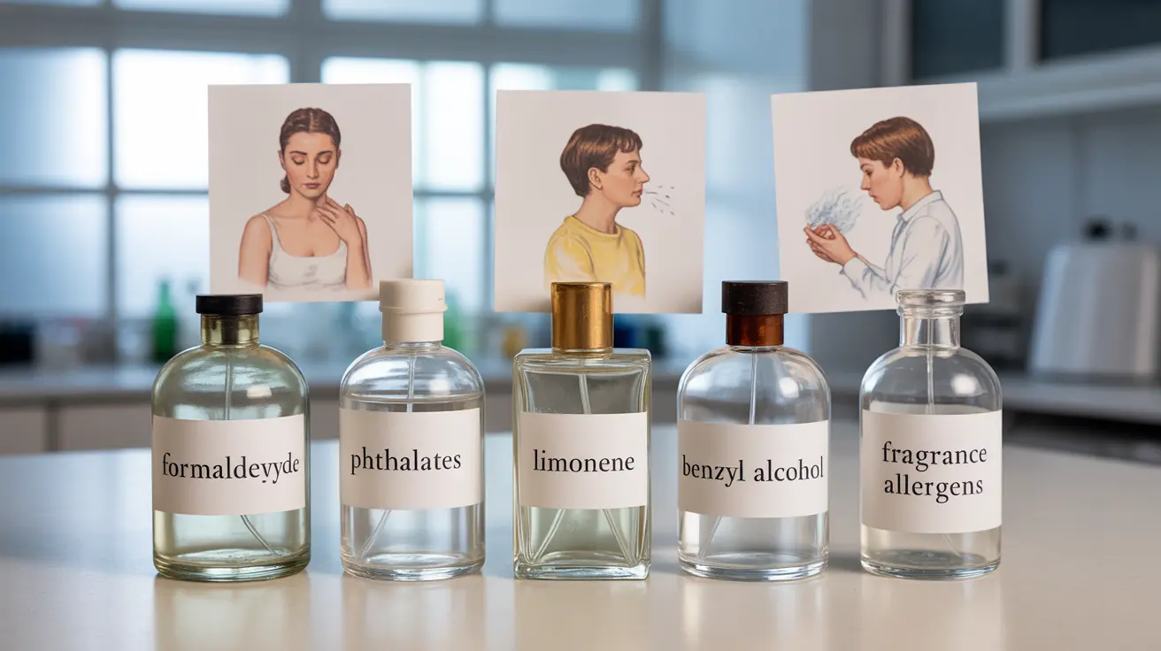 Detailed illustration of various perfume bottles labeled with their toxic ingredients, showing symptoms like skin irritation and respiratory issues in a clinical format, bright and informative atmosphere.
