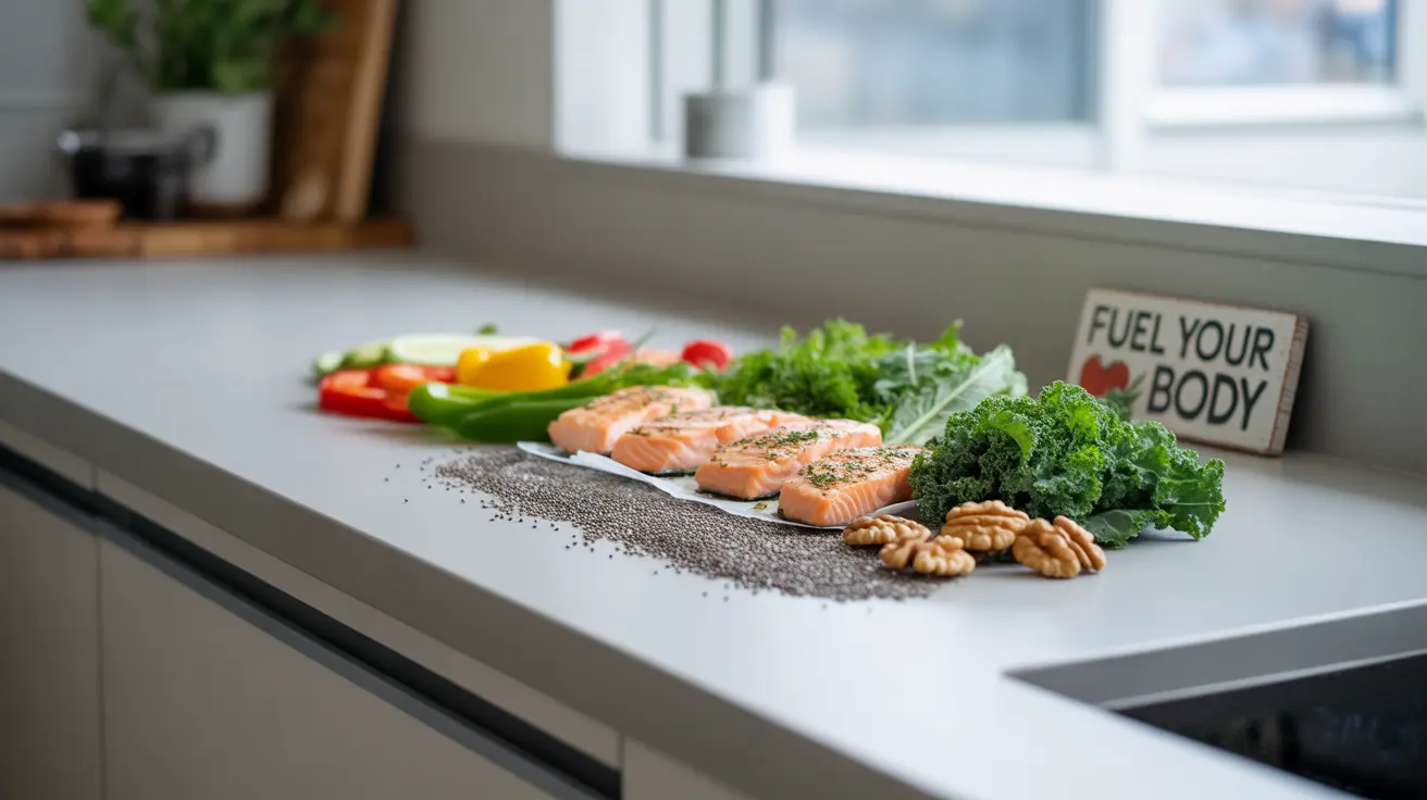 Selection of nutrient-rich foods including lean meats, leafy greens, salmon, nuts, chia seeds, and fresh vegetables on a modern kitchen counter