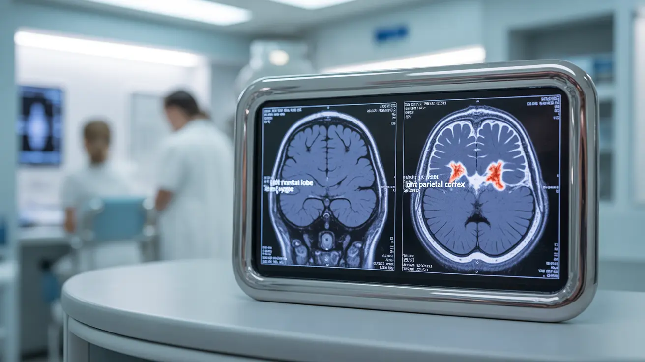 Detailed illustration in clinical setting showing MRI and CT scan results of perinatal stroke in newborn, with anatomical labels