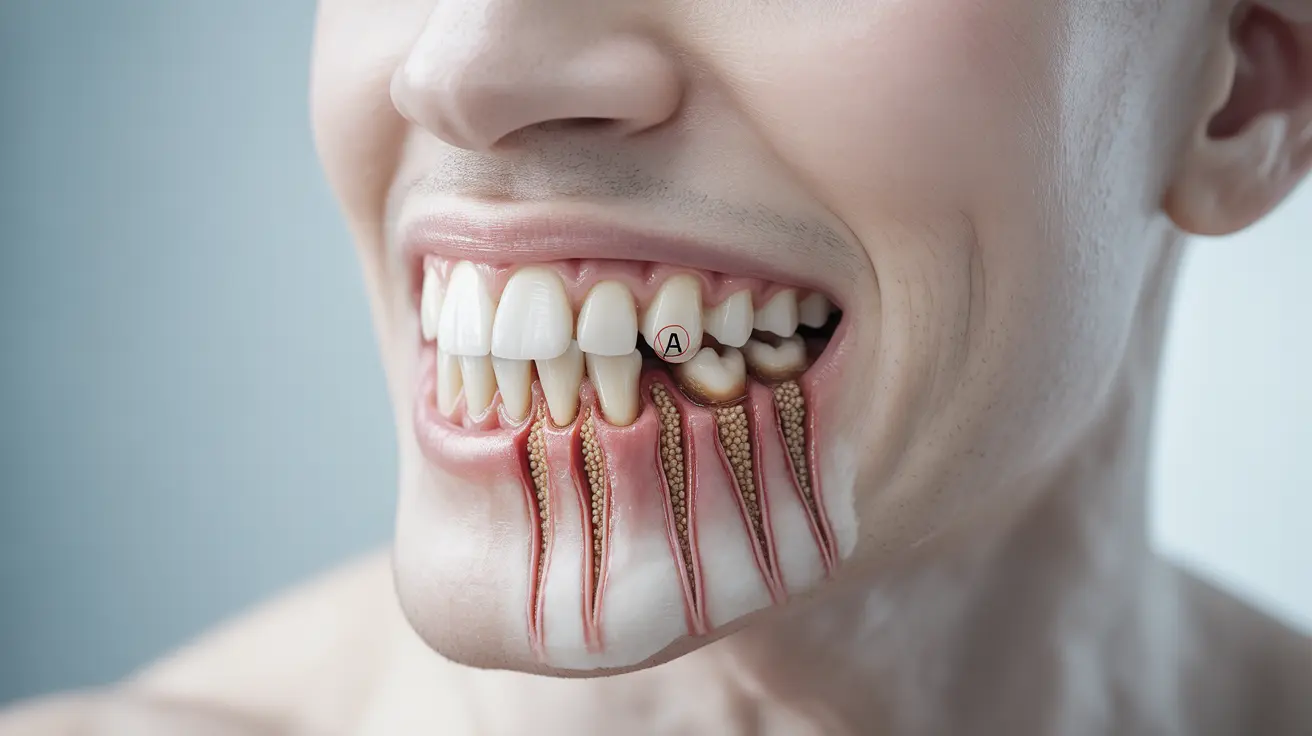 Detailed illustration, cross-sectional view showing teeth and gums with periodontal pockets, highlighting bacterial buildup and gum separation, labeled for educational clarity, neutral white background, informative and clinical style.