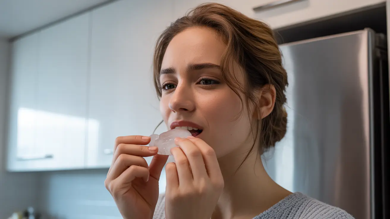 Person thoughtfully chewing ice cubes in a well-lit kitchen, showing a mix of satisfaction and concern.