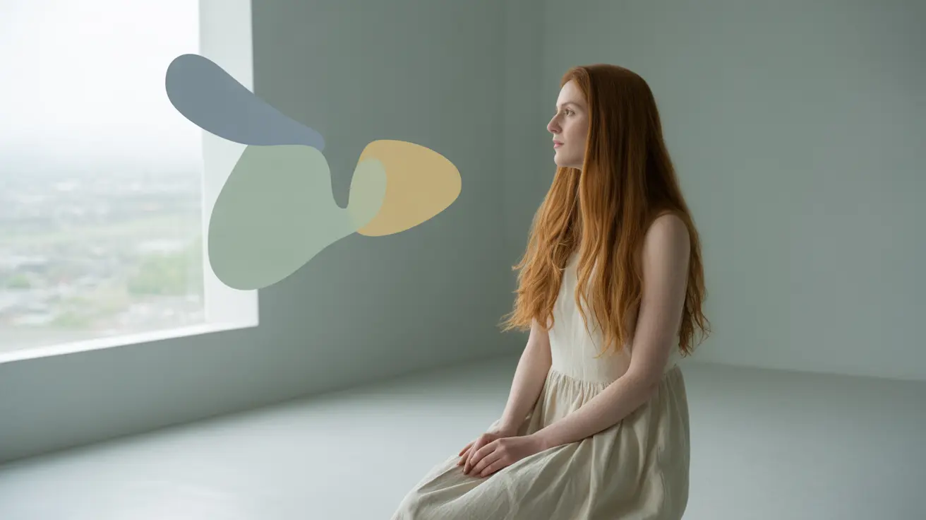 Person sitting alone in a calm room with a thoughtful expression, abstract shapes in the background representing emotions