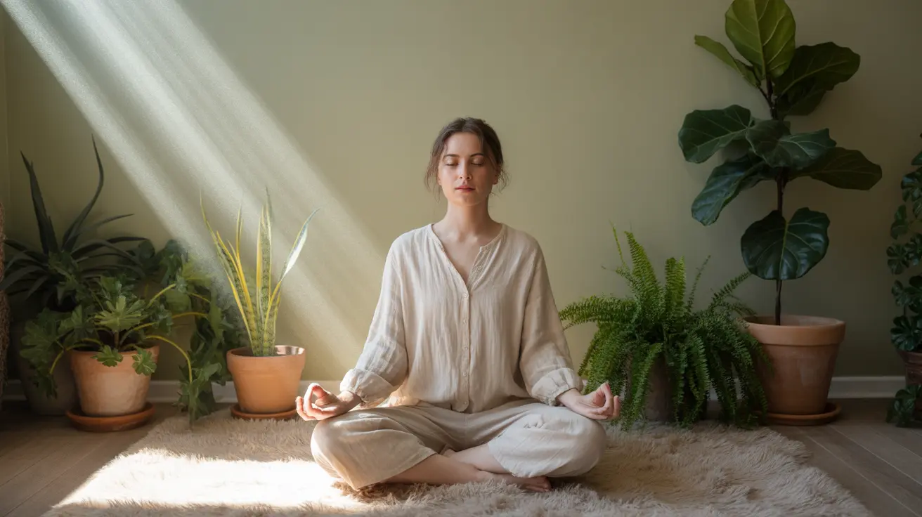 Detailed illustration of a person meditating in a serene indoor space, surrounded by plants and soft, warm natural light