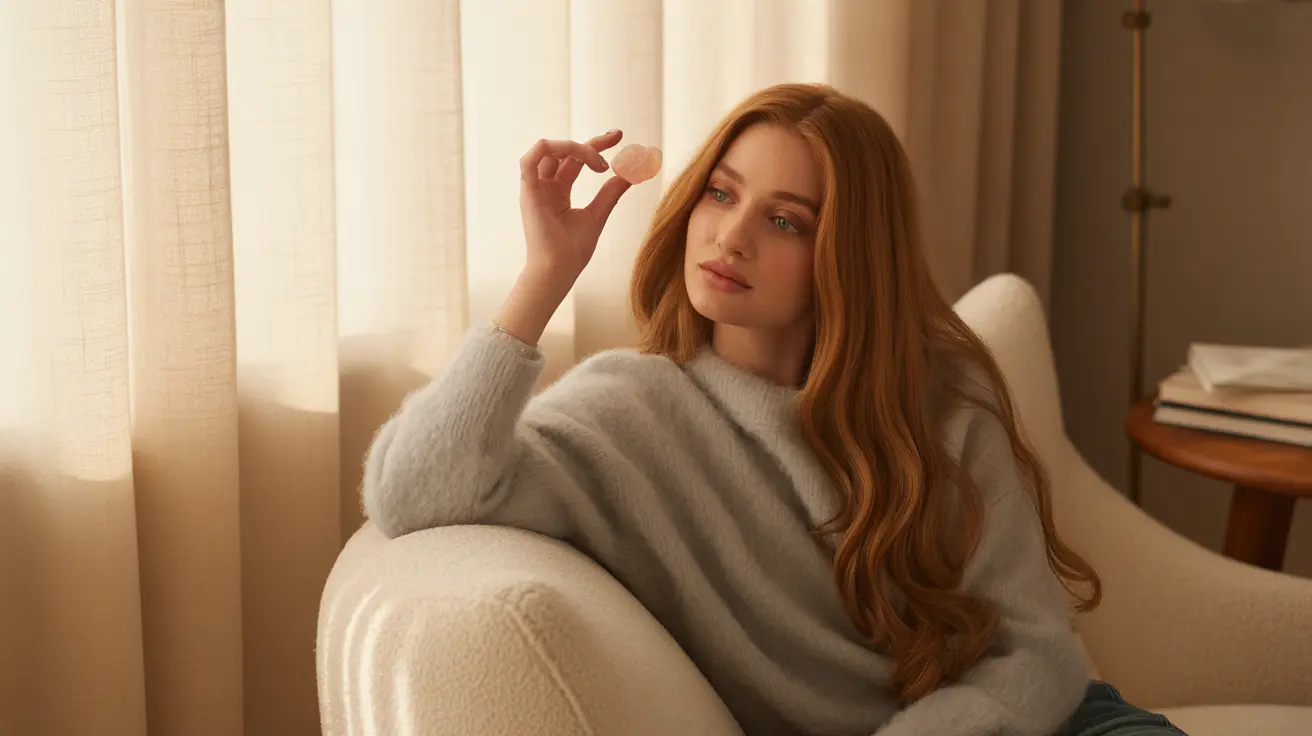 Person relaxing in cozy living room, enjoying a CBD gummy with warm inviting light creating a calming atmosphere.