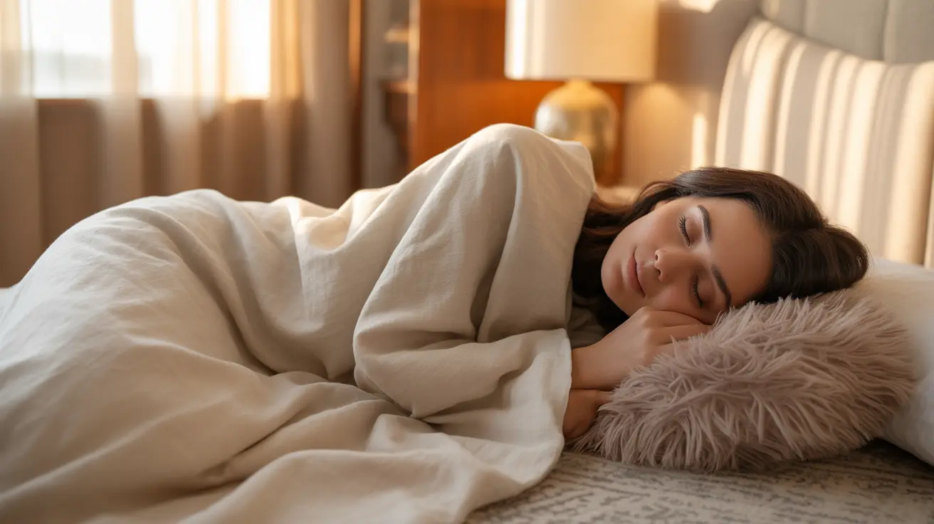 Detailed illustration of a person sleeping in a well-decorated bedroom, positioned on their side with a pillow between their knees for hip support, warm ambient lighting