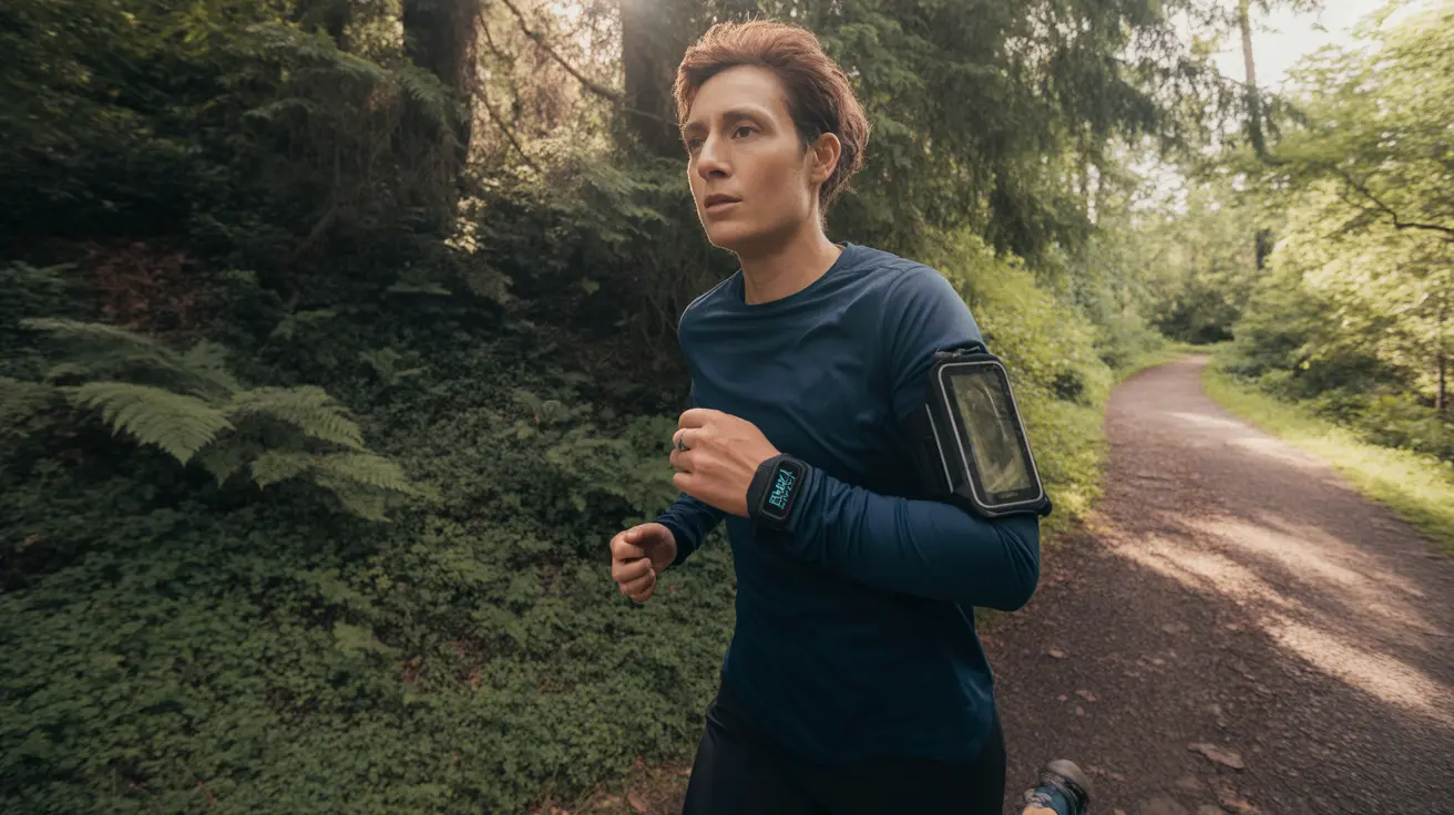 Person walking on a scenic outdoor path wearing a heart rate monitor, surrounded by trees and greenery in soft daylight.