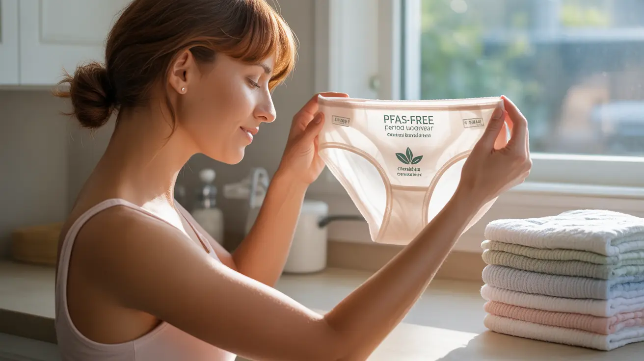 Person examining PFAS-free period underwear in a cozy bedroom, packaging and labels visible, highlighting eco-friendly attributes.