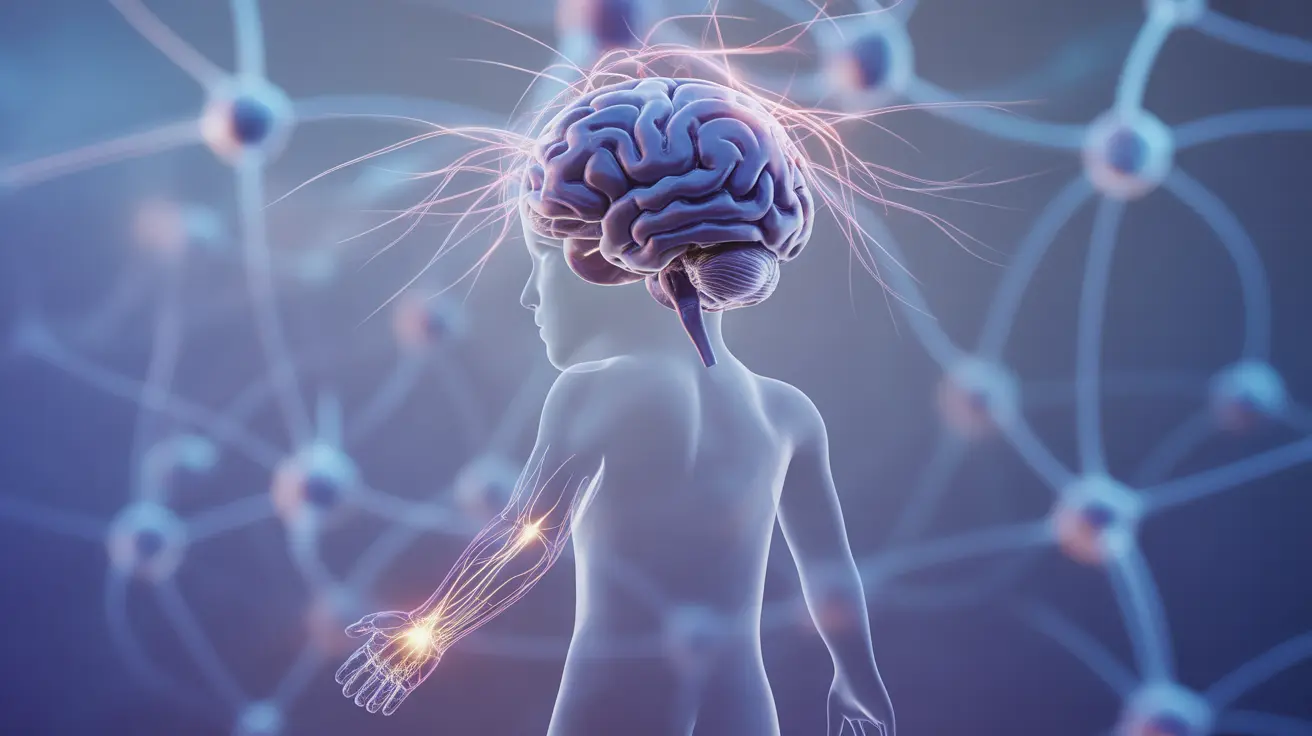 Abstract representation of a brain with neural pathways extending to an outline of a missing limb, showing phantom pain signals in cool colors, neural network imagery
