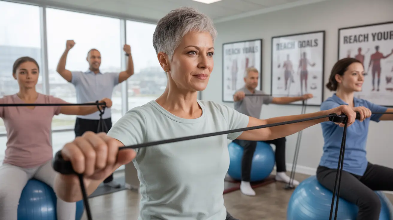 Diverse group of patients in a physical therapy clinic, guided by a therapist, performing rehab exercises with equipment like resistance bands and exercise balls