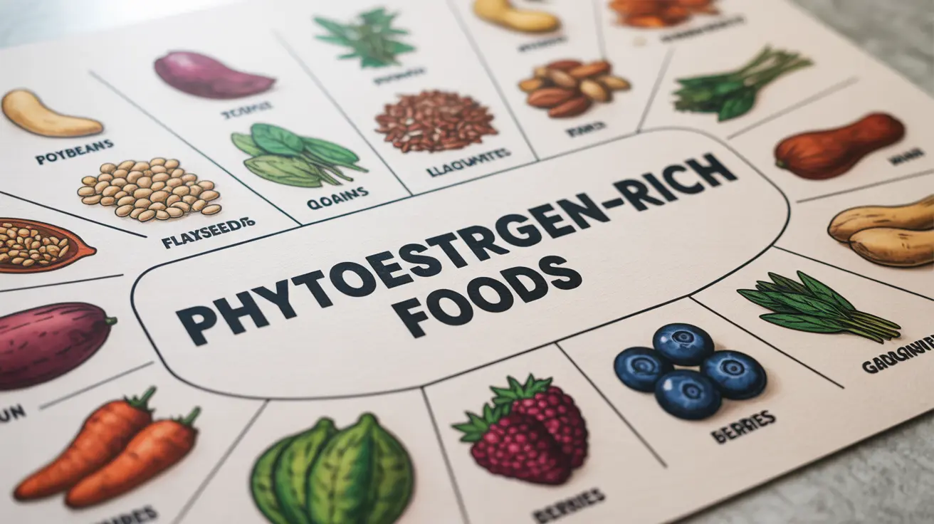 Infographic with labeled illustrations of phytoestrogen-rich foods like soybeans, flaxseeds, legumes, grains, nuts, berries, vegetables with educational tone