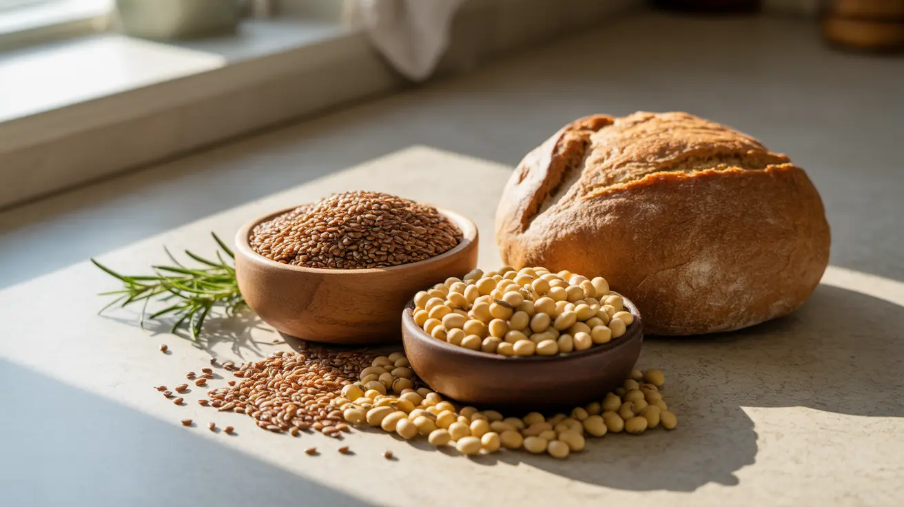 Assorted phytoestrogen-rich foods including soybeans, flaxseeds, and whole grains on a clean kitchen counter in bright daylight.