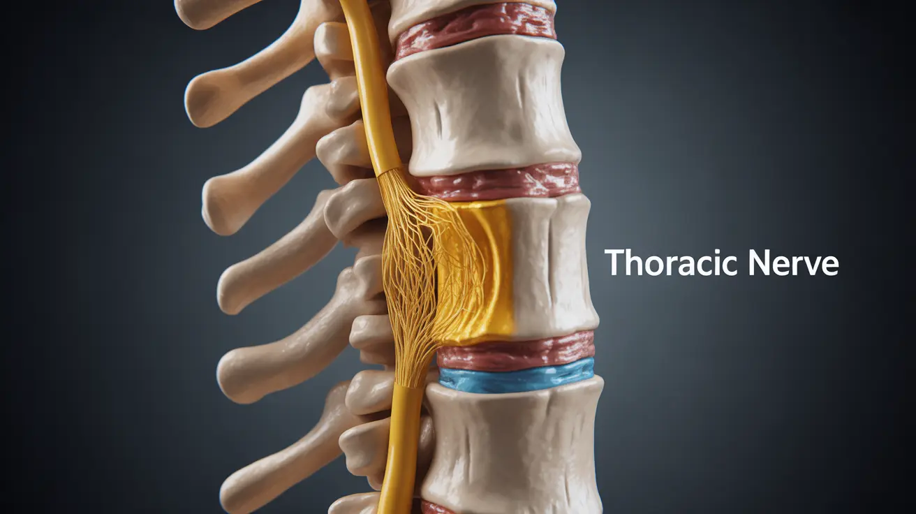 Illustration showing a pinched nerve in the thoracic spine, highlighting compression of nerve tissue, with labeled upper back anatomy in bright clinical lighting.