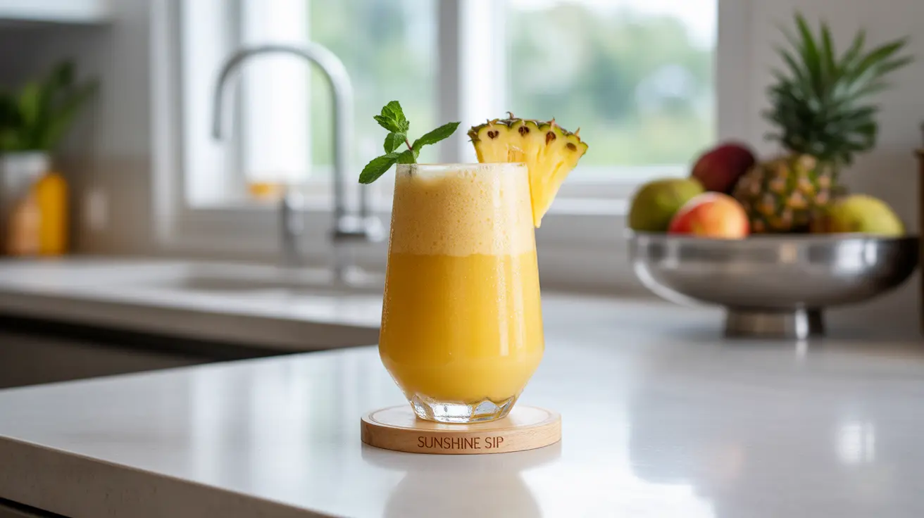 A glass of pineapple milk smoothie with a fresh pineapple slice and mint sprig garnish on a kitchen countertop.