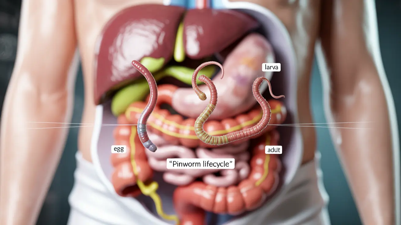 Detailed illustration of pinworm lifecycle, showing nighttime activity causing anal symptoms, set against abstract medical anatomy background