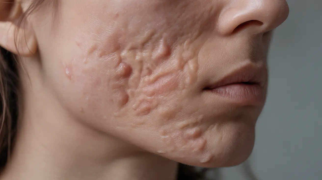 Detailed illustration showcasing various types of pitted acne scars, including deep ice pick scars, broad boxcar scars, and wave-like rolling scars in a neutral clinical setting.