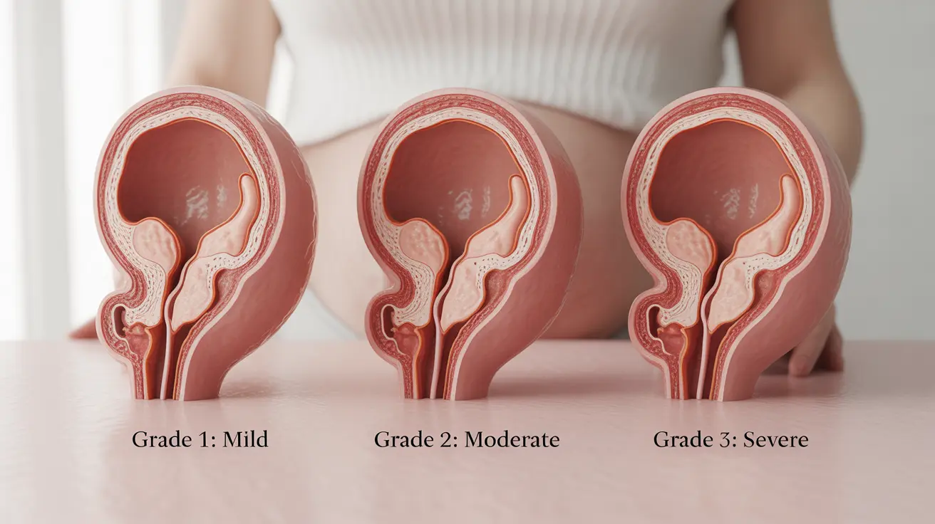 Detailed illustration of three stages of placental abruption showing varying placenta detachment levels with descriptive labels on a neutral white background