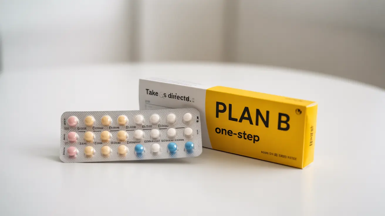Illustration of a birth control pill pack and Plan B package on a white background with clear labels under bright clinical lighting