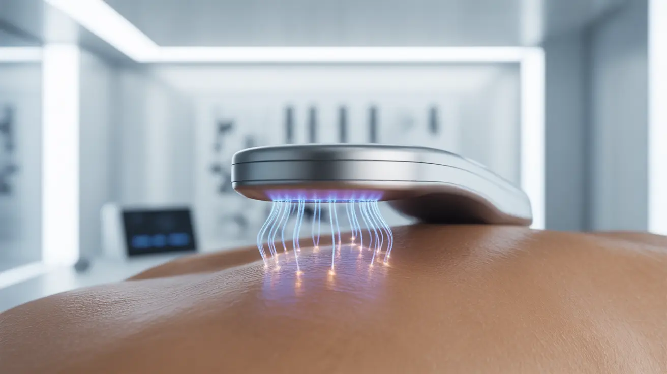 Detailed illustration showing plasma fibroblast therapy device creating tiny arcs of plasma on skin surface, with clinical-themed background.