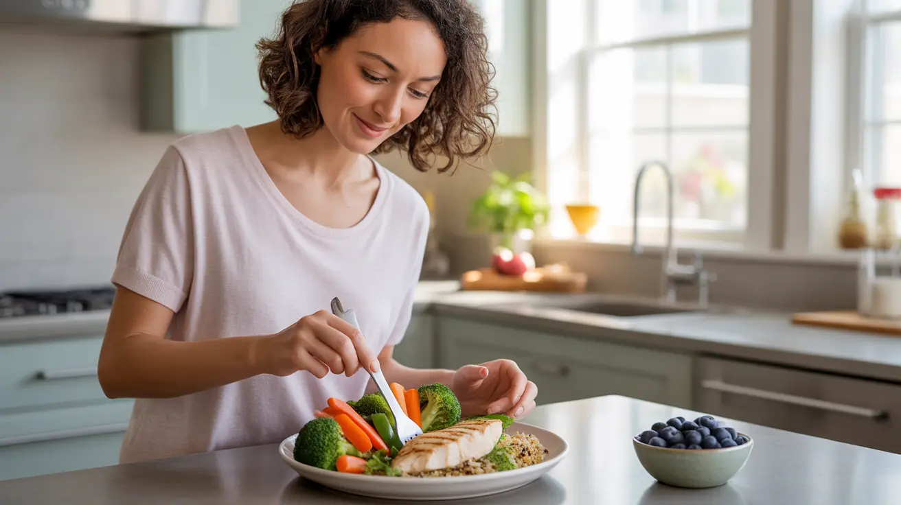 Person preparing a balanced meal on a plate, divided into vegetables, lean protein, and grains in a bright kitchen