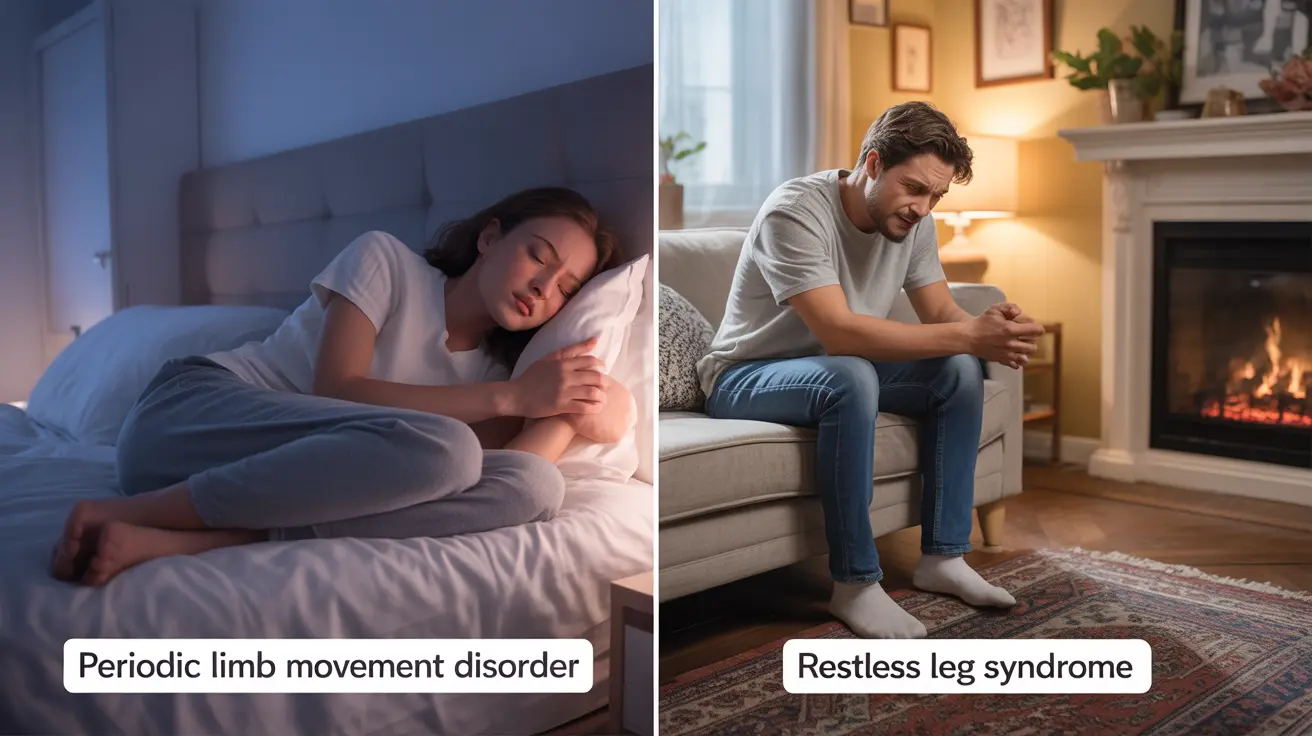 Illustration with two panels: left shows person sleeping with subtle leg movements, right shows awake individual with discomfort and urge to move legs.