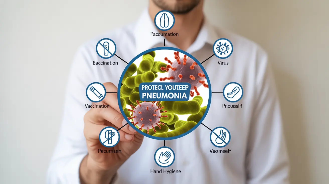Educational infographic on pneumonia outbreaks showing bacteria and prevention strategies like vaccines and hand hygiene