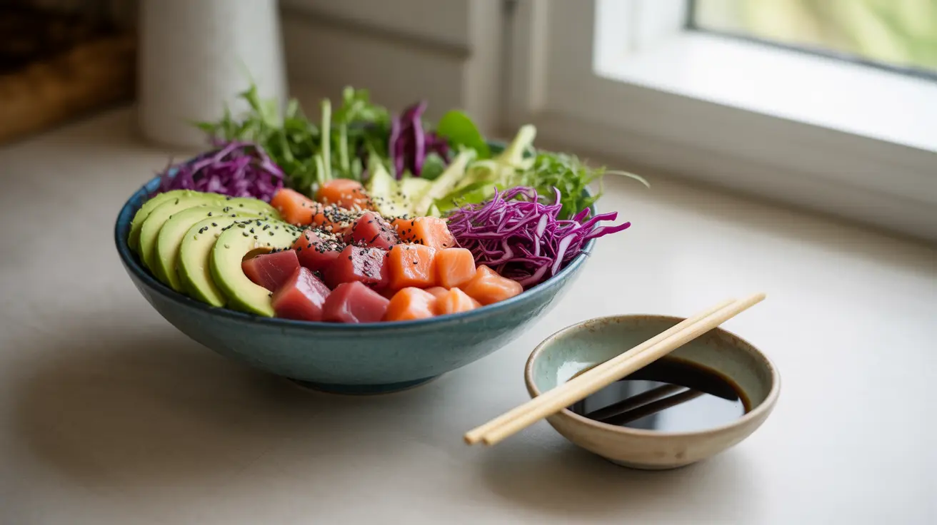 Top-down view of a fresh poke bowl with tuna, salmon, avocado, and mixed greens on a bright kitchen counter