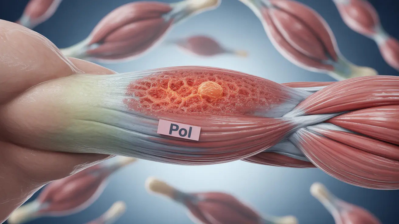 Detailed illustration of human muscle tissue with inflammation, focusing on polymyositis in a clinical style.