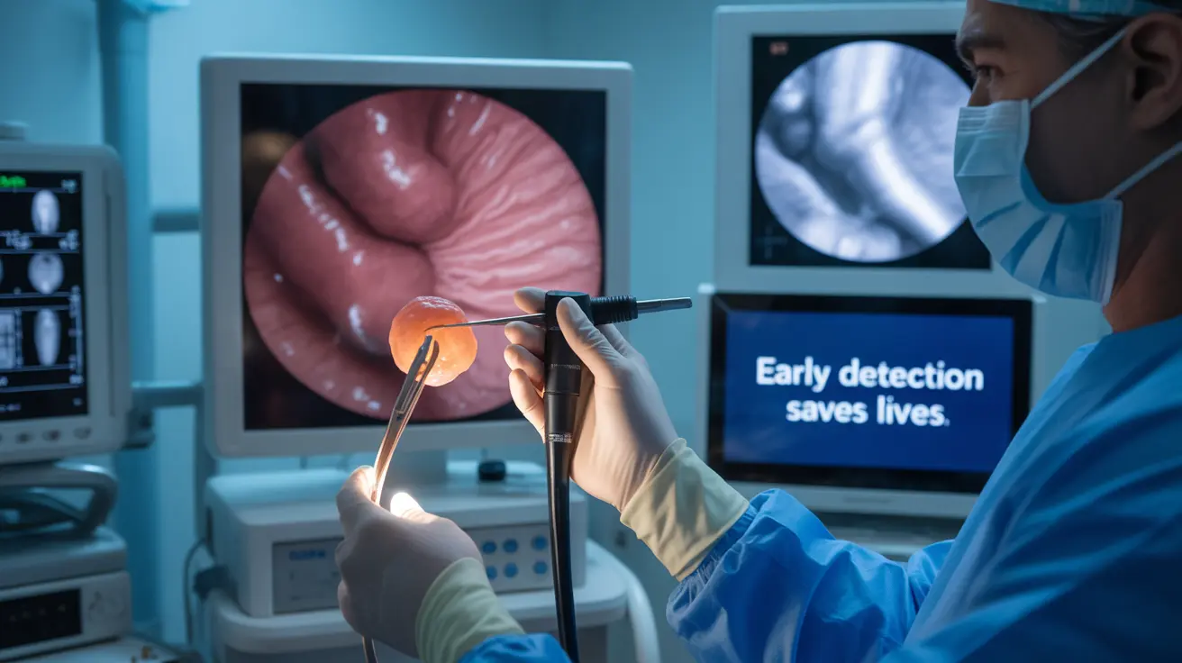 Detailed illustration showing a healthcare professional performing a polypectomy during a colonoscopy, with clear visualization of the colon lining and the tools used in the procedure.
