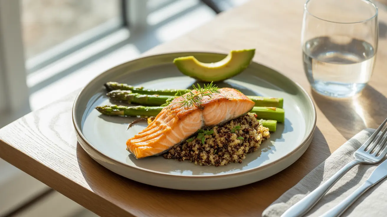 Top-down view of modern kitchen table with portion-controlled meal of lean protein, complex carbohydrates, vibrant vegetables, healthy fats, bright natural lighting