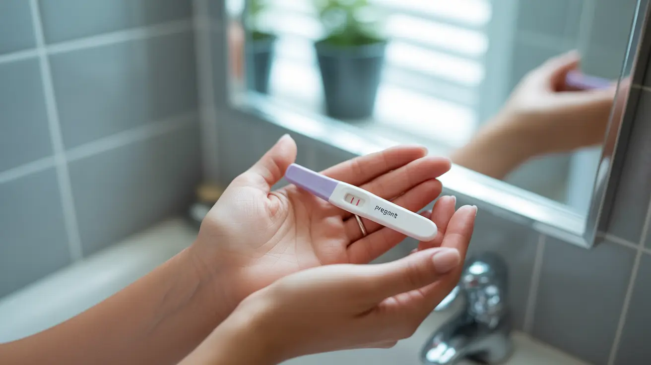 Close-up of a woman's hands holding a positive pregnancy test in soft natural lighting, home bathroom setting.