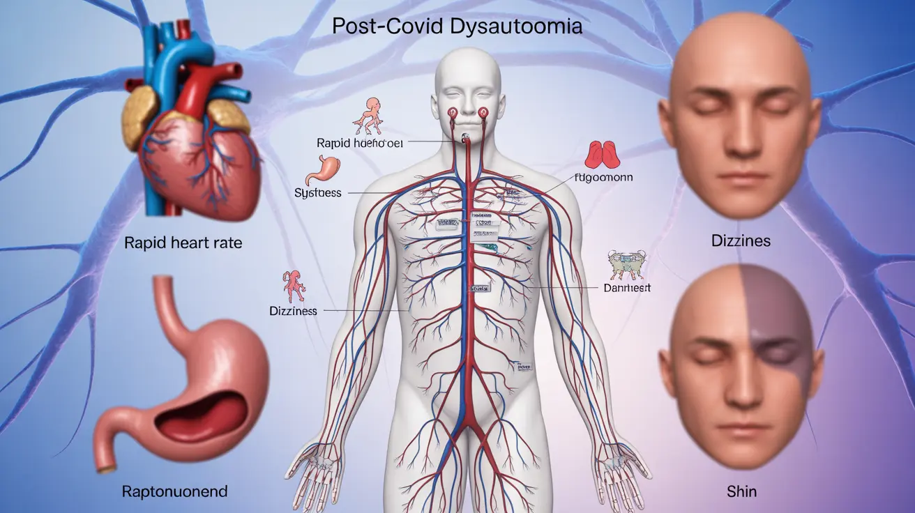 Illustration of autonomic nervous system effects post-COVID, showing cardiovascular, digestive, and thermal systems with symptom icons like rapid heart rate and dizziness, against an abstract background.