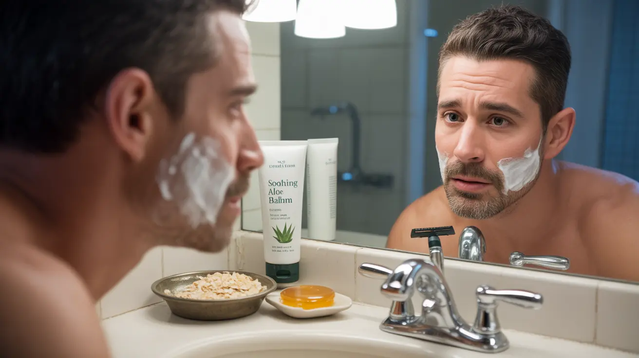 Illustration showing post-shave skin irritations like razor burn and ingrown hairs, with tools and remedies in a bathroom setting.
