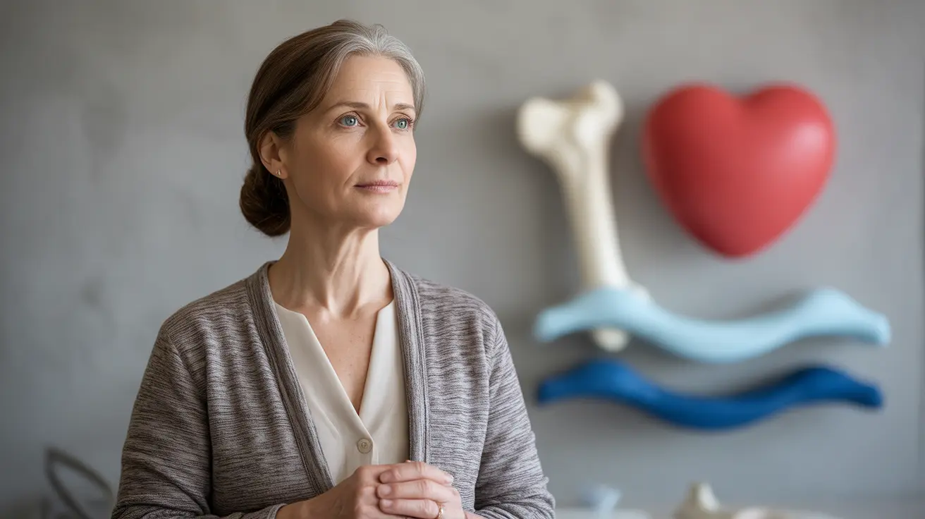 Middle-aged woman with thoughtful expression, abstract background with heart, bones, and waves symbols, soft lighting