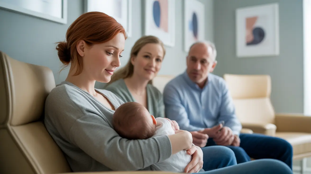 A new mother with a concerned family member, consulting a healthcare professional in a supportive clinical setting with warm lighting.