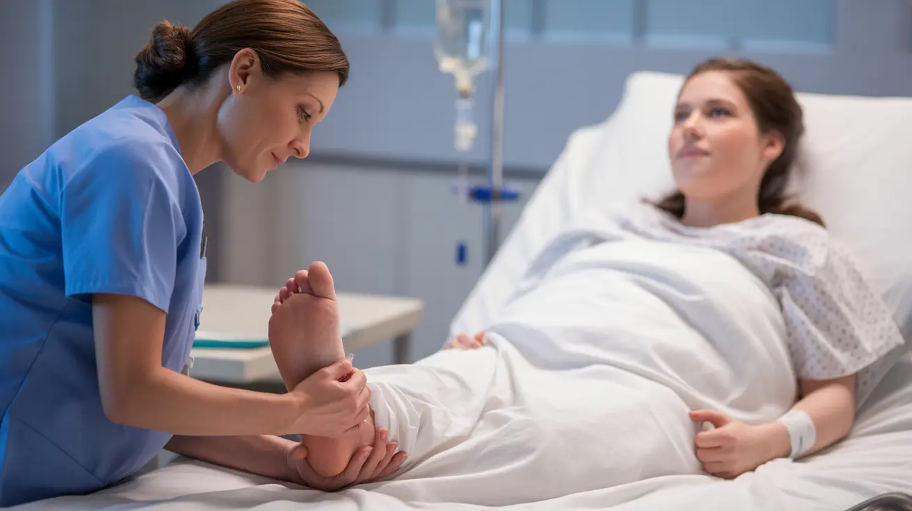 Healthcare professional performing ankle clonus test on postpartum patient in bright clinical setting
