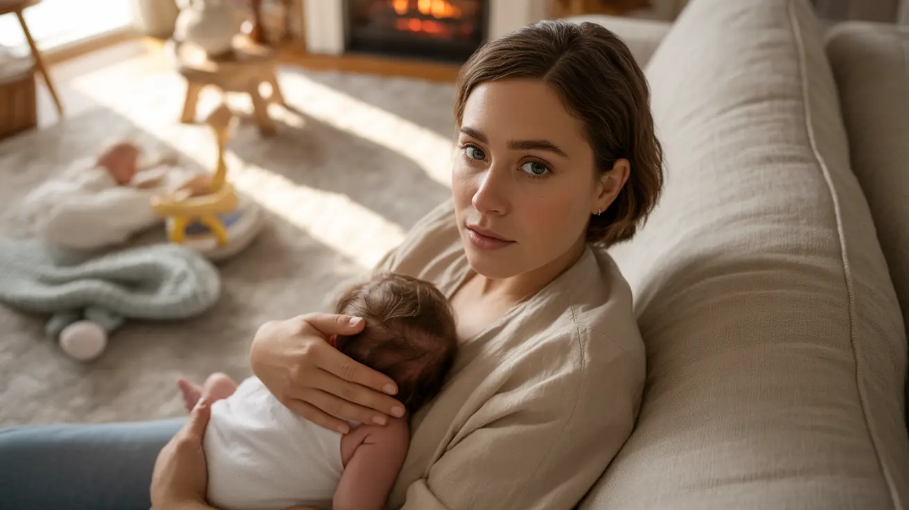 New parent sitting on a cozy couch, holding a baby and looking contemplatively towards the camera, with soft warm light and baby toys in the background.