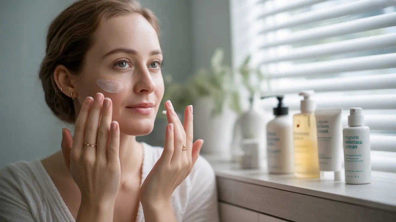 New mother applying moisturizer to her face in a bathroom with skincare products like fragrance-free cleansers and mineral sunscreens on the counter