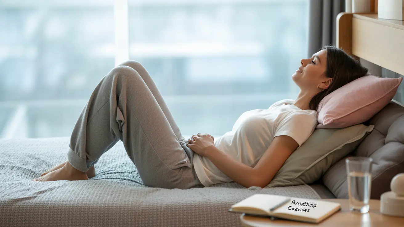 Person lying on side with pillows under hips, demonstrating postural drainage position for respiratory therapy in a clean home environment