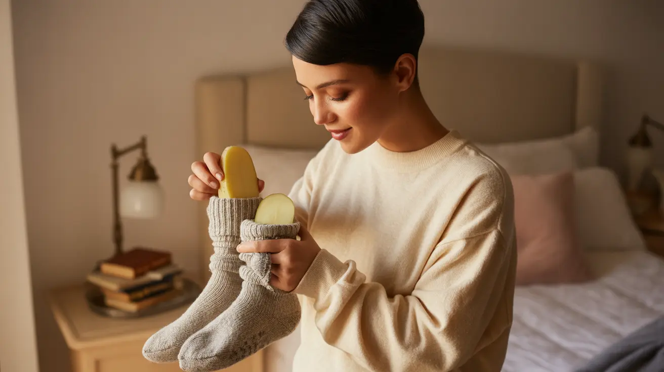A diverse adult placing freshly cut potato slices into a pair of socks in a cozy bedroom with warm lighting and a blurred bedside table.